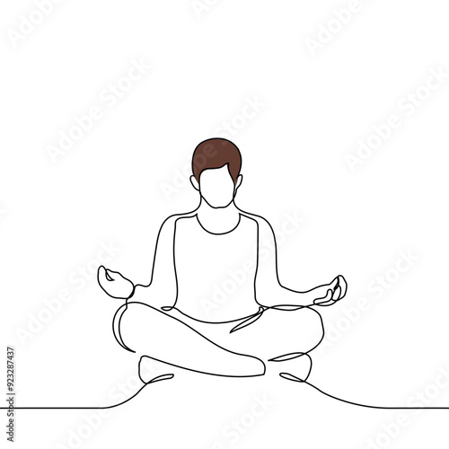 middle aged brown haired man sitting in lotus position - one line art vector. yoga class concept