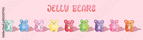 Jelly bears set marmalade candies, Cute animals shapes sweets, colorful gummy bear, fruit and berry flavors, classical sugar yummy gelatin products. Sweet assortment, vector isolated elements.