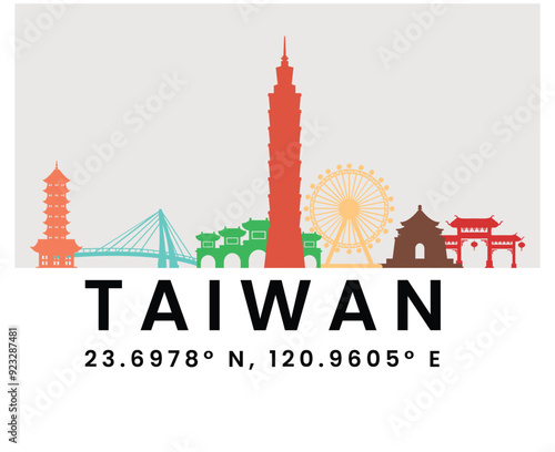 Art & Illustration Taiwan National Day Banner with Coordinates - Colorful Skyline of Iconic Landmarks Celebrating Taiwan's Cultural Heritage