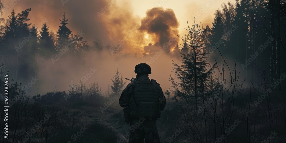 Modern soldiers in a forest during warfare. Battle in the forest during occupation and defense.
Soldiers at war in a forest at dusk. Modern soldiers in a forest during warfare. Battle in the forest during occupation and defense.
Soldiers at war in a forest at dusk.