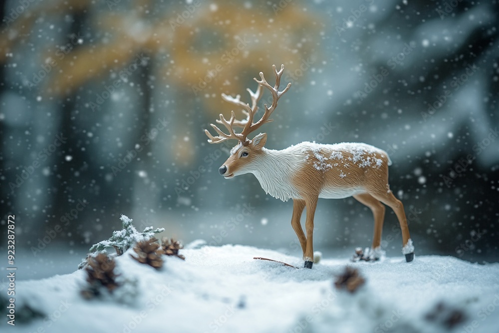 A reindeer figurine on a snowy forest background A reindeer figurine on a snowy forest background