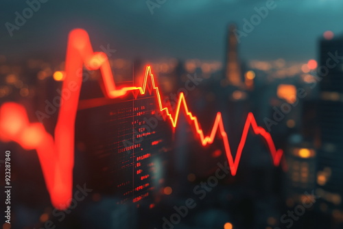 A red line graph showing a decline on a blurred urban landscape
