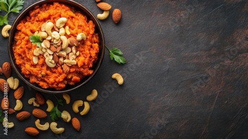Wallpaper Mural Flat lay of gajar ka halwa with almonds and cashews, copy space on the left side. Torontodigital.ca