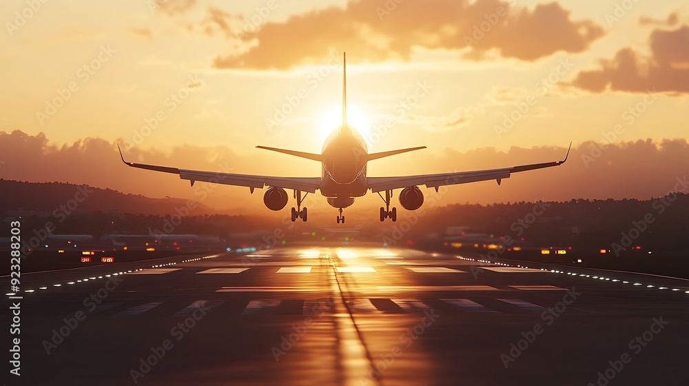 A sleek jetliner taking off from a runway, with the sun setting in the background and casting long shadows. A sleek jetliner taking off from a runway, with the sun setting in the background and casting long shadows.
