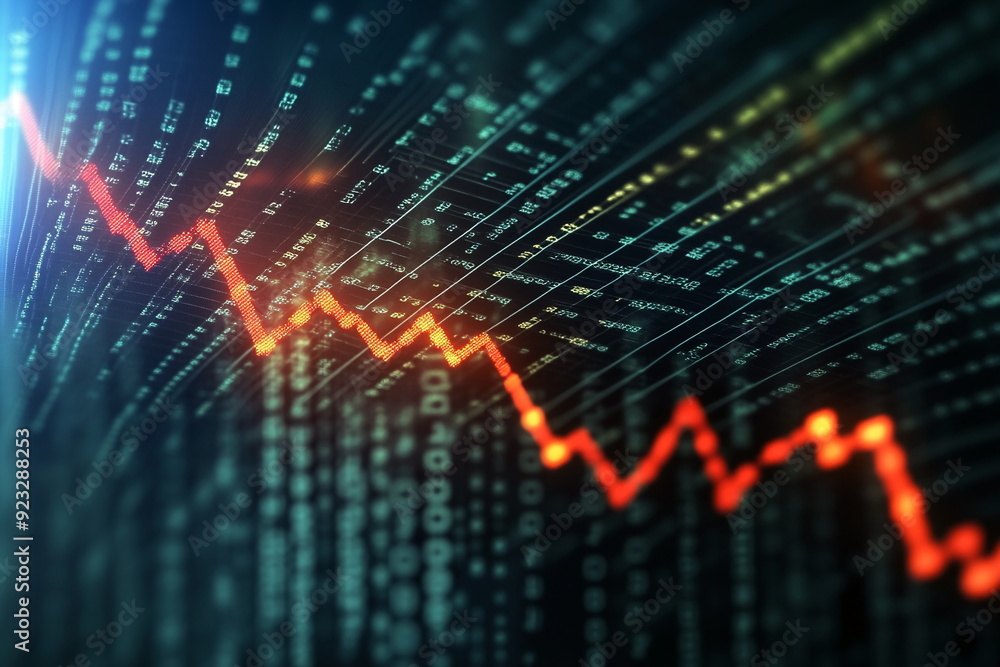 A bar graph showing a steep decline on a digital data stream bac A bar graph showing a steep decline on a digital data stream bac