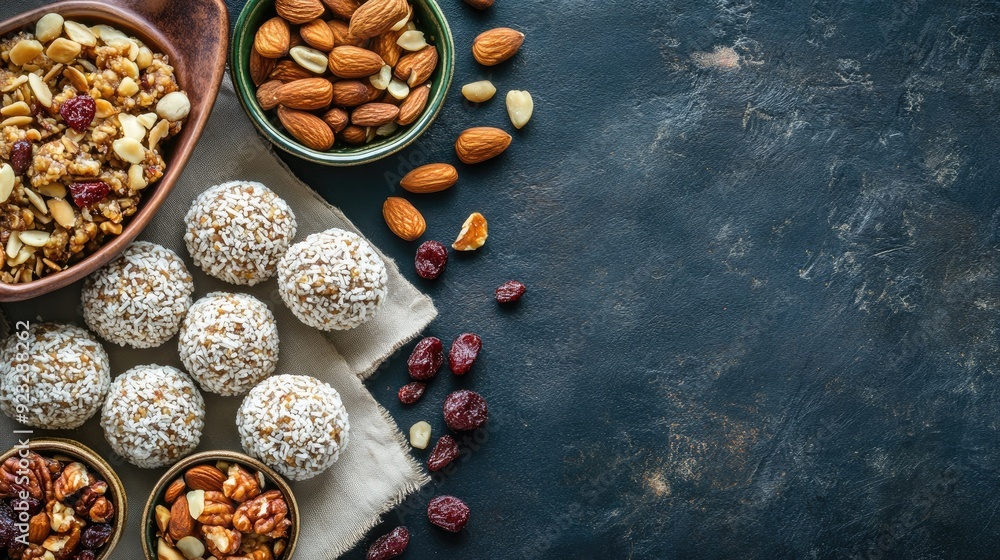 Flat lay of ladoo with dry fruits and nuts, copy space in the center for text Flat lay of ladoo with dry fruits and nuts, copy space in the center for text