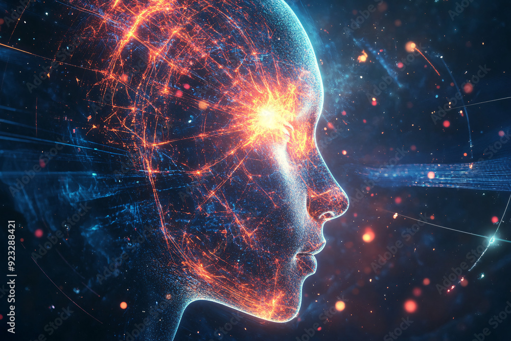 digital rendering of a futuristic AI with glowing neural connections within a human-like head set against a cosmic background symbolizing intelligence and technology digital rendering of a futuristic AI with glowing neural connections within a human-like head set against a cosmic background symbolizing intelligence and technology