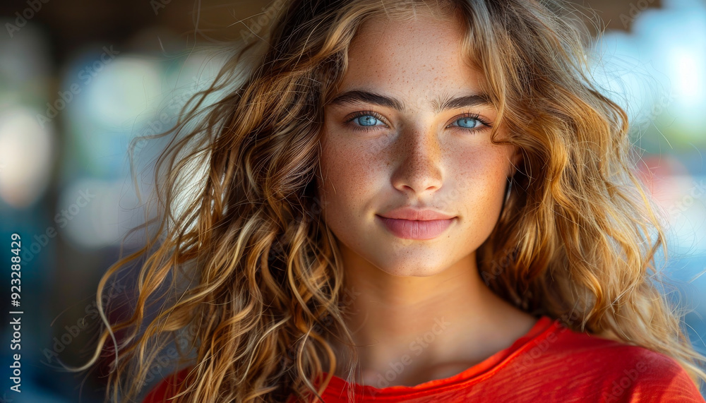 A woman with long hair and a red shirt is smiling. She has a tan complexion and blue eyes A woman with long hair and a red shirt is smiling. She has a tan complexion and blue eyes