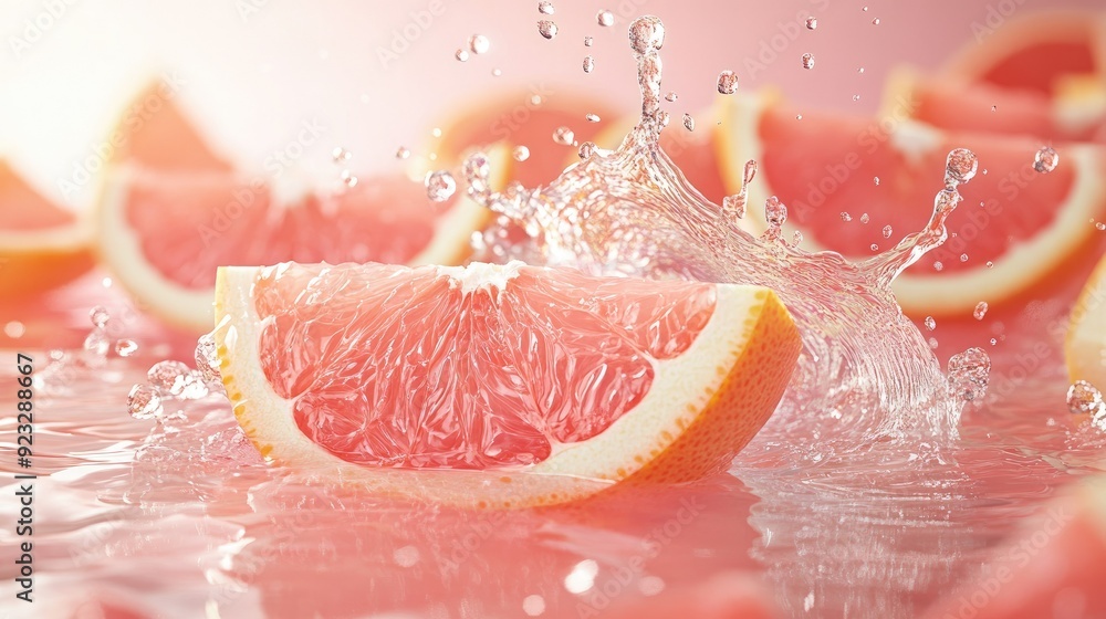 Fototapeta premium Freshly squeezed grapefruit juice splashing in water, surrounded by slices. Clear copy space on the right.