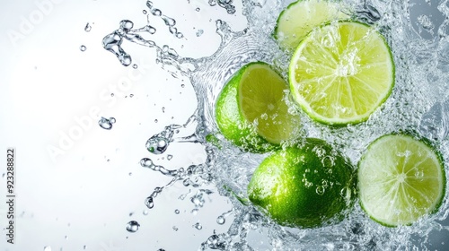 Freshly squeezed lime juice splashing into water, top view. Copy space on the left for your message.
