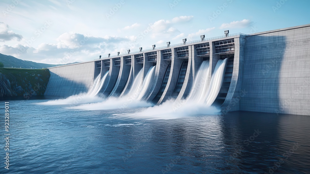 A hydropower dam s spillway with controlled water release, showcasing reinforced structures and water flow dynamics, ultra-detailed, renewable energy infrastructure A hydropower dam s spillway with controlled water release, showcasing reinforced structures and water flow dynamics, ultra-detailed, renewable energy infrastructure