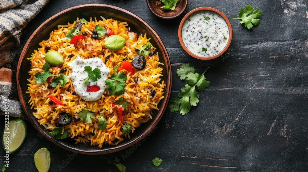 Top view of a plate of biryani with raita and salad, ample copy space on the right. Top view of a plate of biryani with raita and salad, ample copy space on the right.