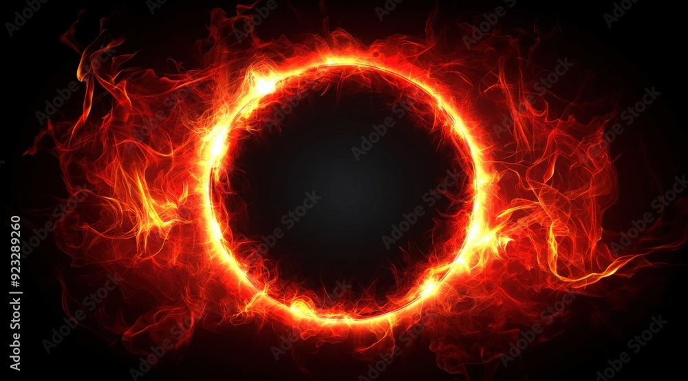 Glowing Fiery Ring With Flame-Like Tendrils On Black Background Glowing Fiery Ring With Flame-Like Tendrils On Black Background