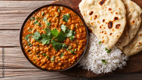 Top view of dal makhani with naan and rice on a wooden surface, copy space on the right.