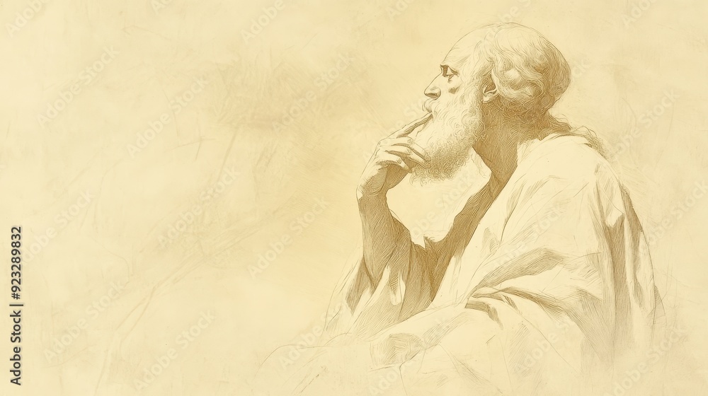 Fototapeta premium Biblical Illustration of 1 Kings: Solomon Reflecting on Dream and Responsibilities of His Divine Gift of Wisdom, Bible Wall Art with Beige Background