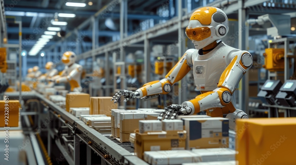 Fototapeta premium Humanoid Robot Wrapping Holiday Gifts in a High-Tech Factory