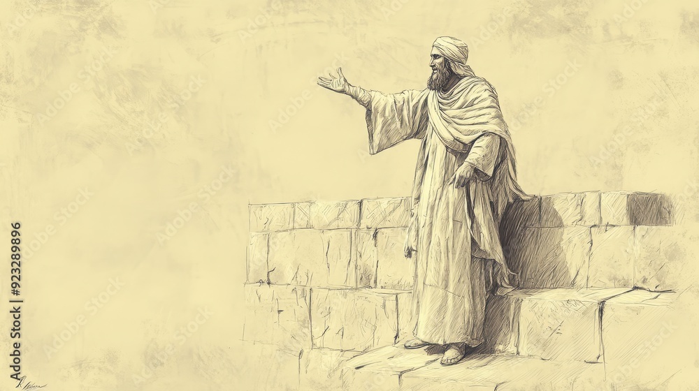 Fototapeta premium Biblical Illustration of 2 Kings: Naaman Pledges to Worship God of Israel, Asks for Earth to Build Altar at Home, Bible Wall Art with Beige Background