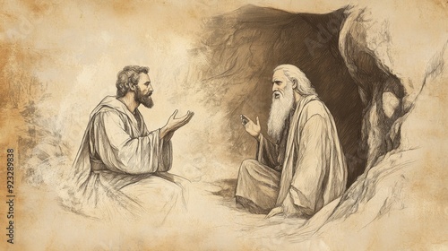 Biblical Illustration of Elijah Flees from Jezebel: The Lord Speaking to Elijah in the Cave, Asking Why He is There, Beige Background photo