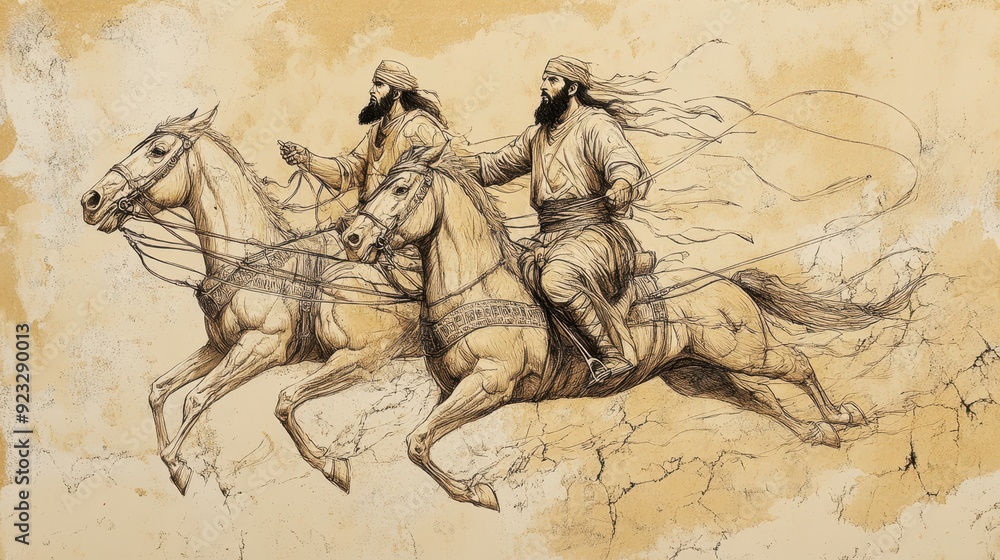 Obraz premium Biblical Illustration of Jehu Anointed King of Israel: Jehu Riding Furiously in His Chariot Towards Jezreel to Confront King Joram and Queen Jezebel, Beige Background