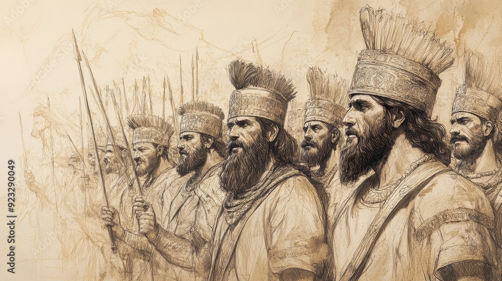 Fototapeta premium Biblical Illustration of 2 Kings: Allied Kings Witnessing Moabite King’s Sacrifice, Stirring Indignation Among Troops, Bible Wall Art with Beige Background