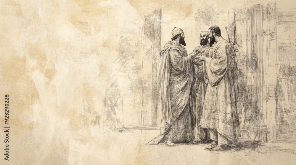 Fototapeta premium Biblical Illustration of The Queen of Sheba Visits Solomon: Solomon Giving Gifts to the Queen, Cementing Diplomatic Relations, Beige Background