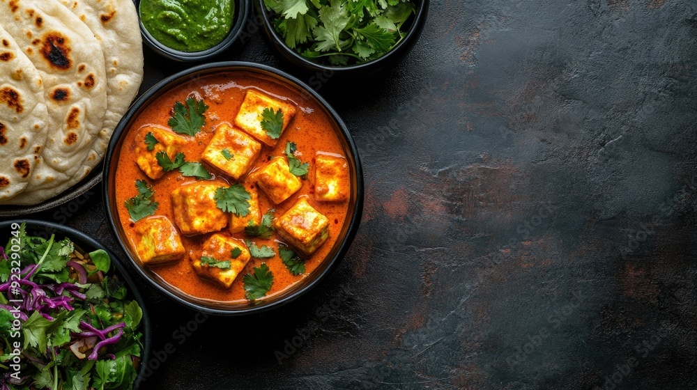 Top view of paneer butter masala with naan and salad, ample copy space on the left side.