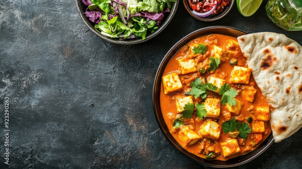 Top view of paneer butter masala with naan and salad, ample copy space on the left side. Top view of paneer butter masala with naan and salad, ample copy space on the left side.