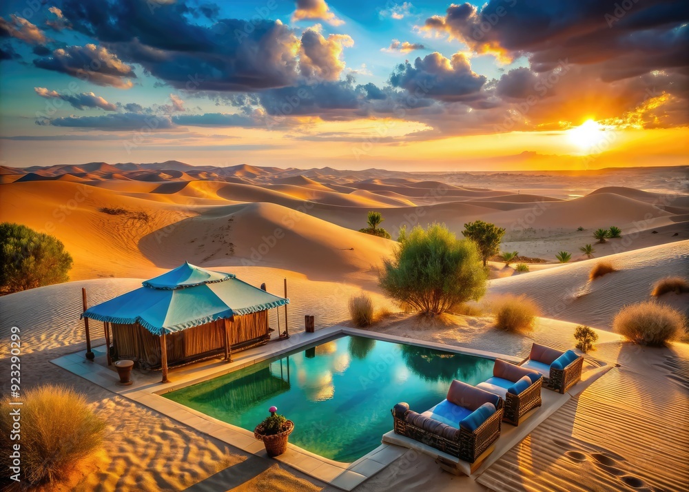 Naklejka premium Luxurious desert escapade golden hour glow bold shadows vibrant turquoise oases serene vast dunes
