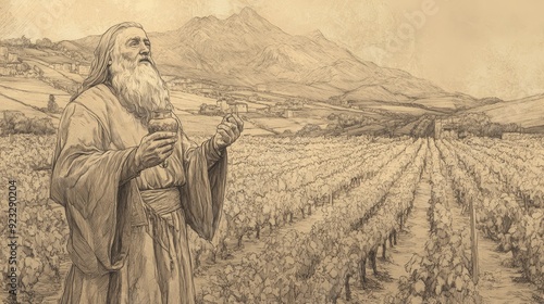 Uzziah Cultivates the Land, Vineyards and Farms Thrive Under His Prosperous Reign, 2 Kings Biblical Illustration, Beige Background photo