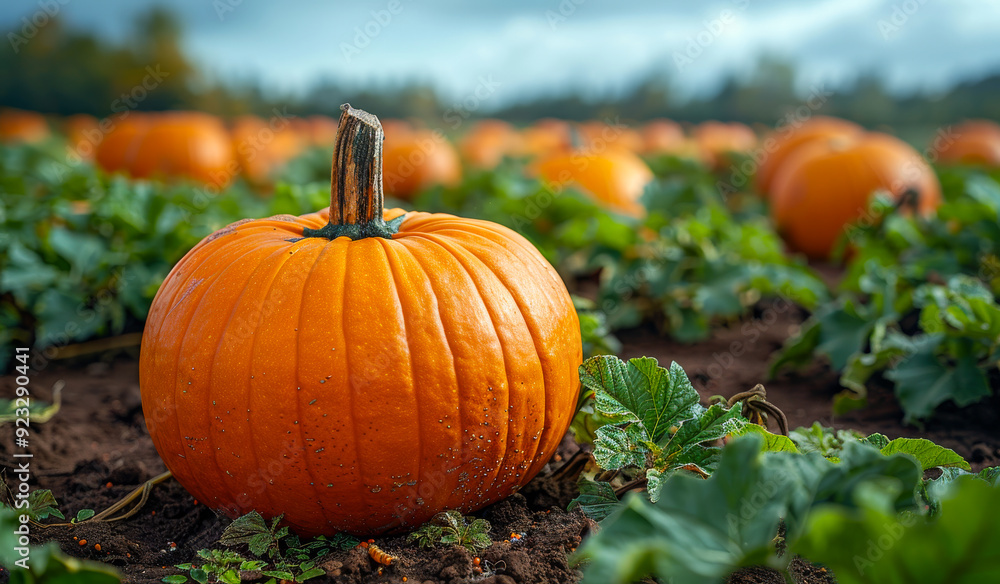 A large orange pumpkin is sitting on the ground in a field of pumpkins. The pumpkin is surrounded by other pumpkins, creating a vibrant and colorful scene A large orange pumpkin is sitting on the ground in a field of pumpkins. The pumpkin is surrounded by other pumpkins, creating a vibrant and colorful scene