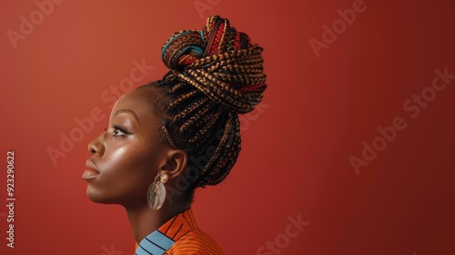 A portrait of an African woman with braided hair, wearing orange and blue against a plain maroon background. 
Woman with braided hair in vibrant colorsbackground. Diversity and inclusion. Pride photo