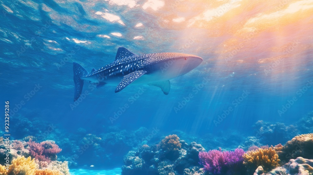 Fototapeta premium Whale Shark Gliding Over Vibrant Coral Reef