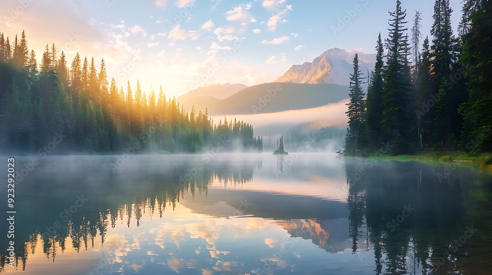 Serene Sunrise Reflection on a Misty Lake Serene Sunrise Reflection on a Misty Lake