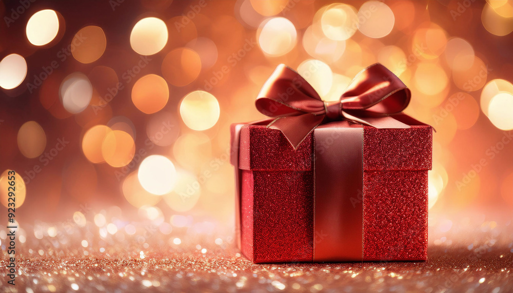 A glittery red gift box with a satin bow against a sparkling bokeh light background, perfect for celebrations A glittery red gift box with a satin bow against a sparkling bokeh light background, perfect for celebrations