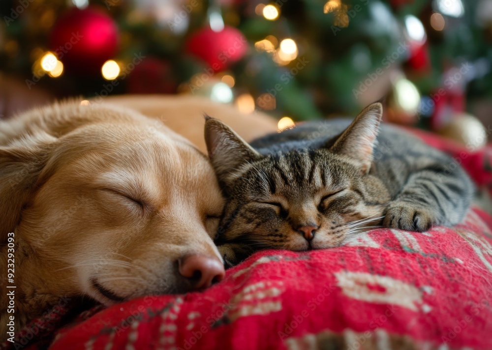dog and cat with Christmas tree in background dog and cat with Christmas tree in background