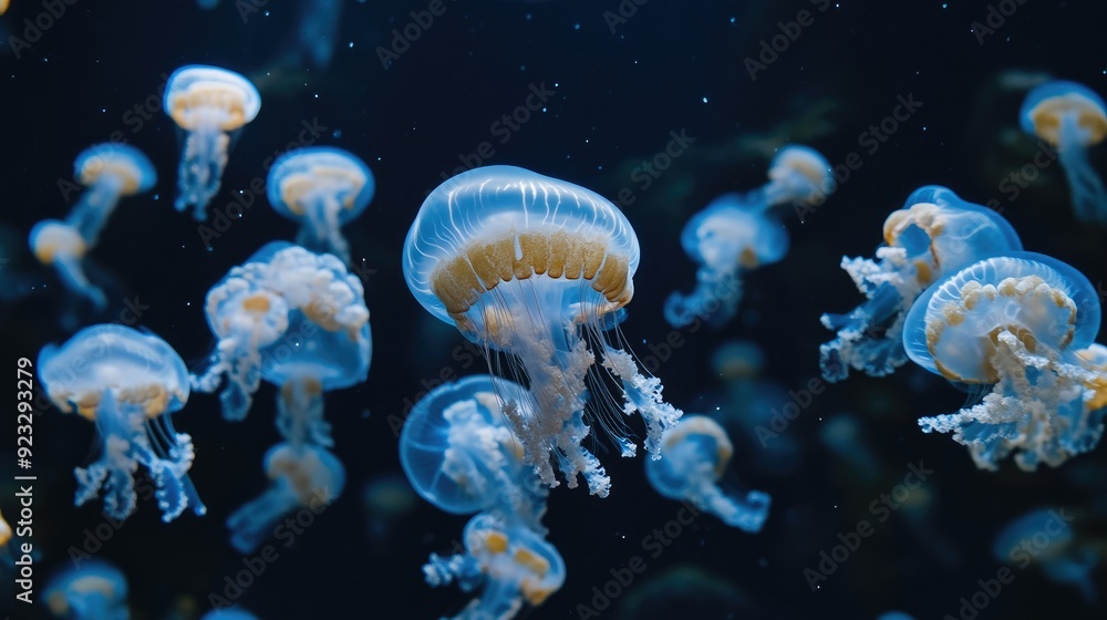 Elegant Jellyfish Drift in Deep Blue Ocean Elegant Jellyfish Drift in Deep Blue Ocean