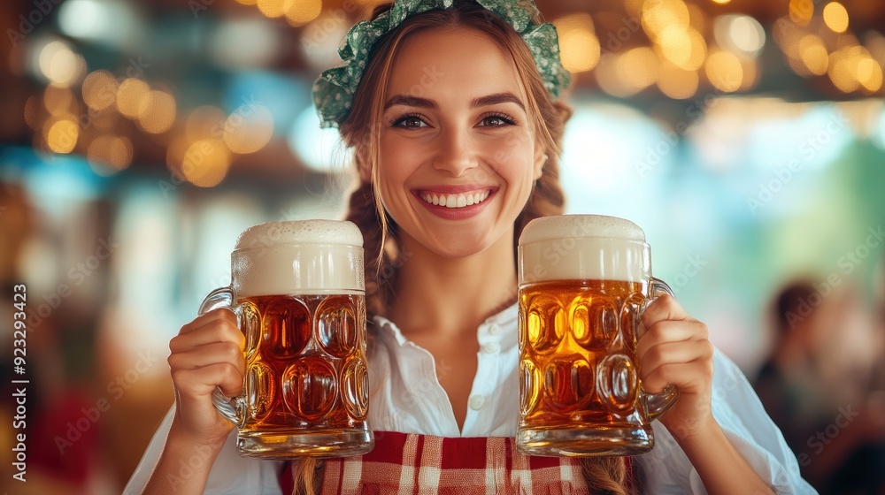 Festive Oktoberfest Attire: Woman in Dirndl with Two Beer Mugs Festive Oktoberfest Attire: Woman in Dirndl with Two Beer Mugs