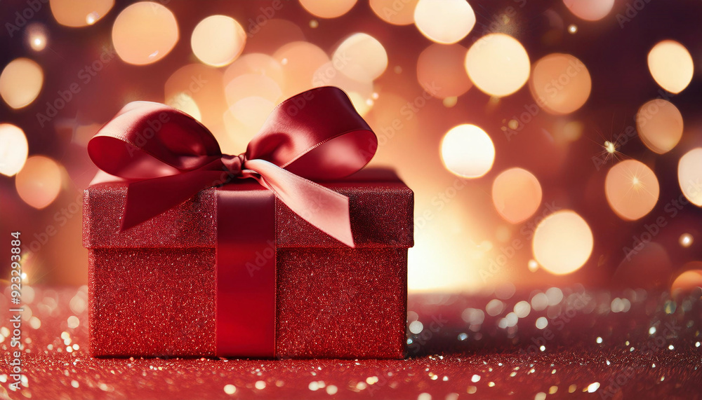 A glittery red gift box with a satin bow against a sparkling bokeh light background, perfect for celebrations A glittery red gift box with a satin bow against a sparkling bokeh light background, perfect for celebrations