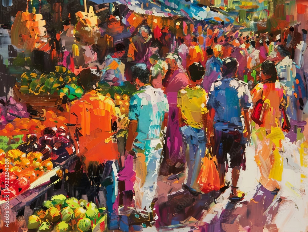 Naklejka premium 4 Frantic crowd in bustling market dynamic colors bold strokes