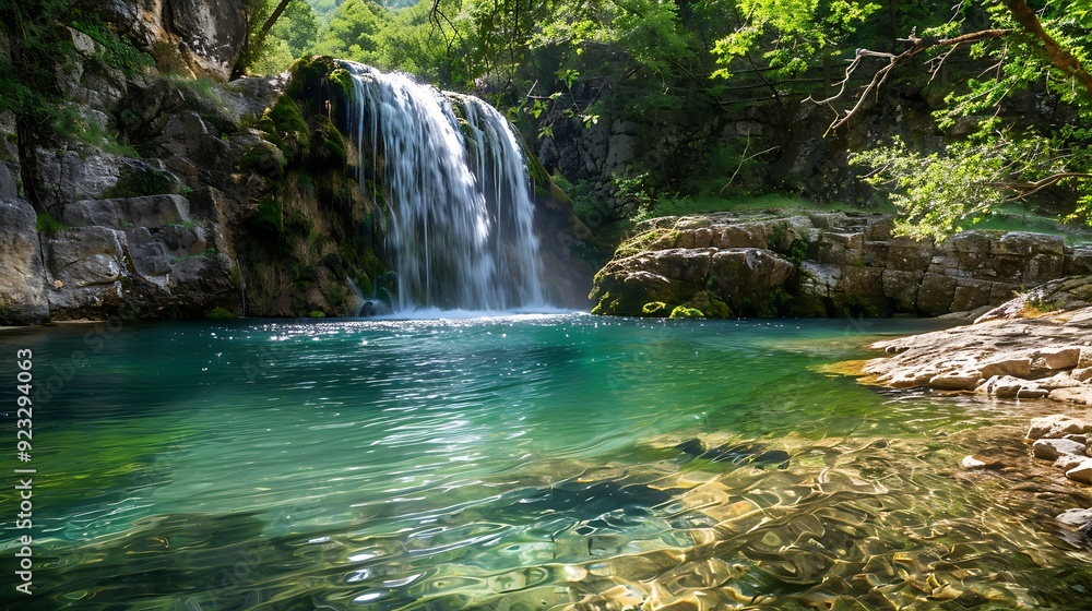 Serene Waterfall Plunging into Crystal Clear Pool Serene Waterfall Plunging into Crystal Clear Pool