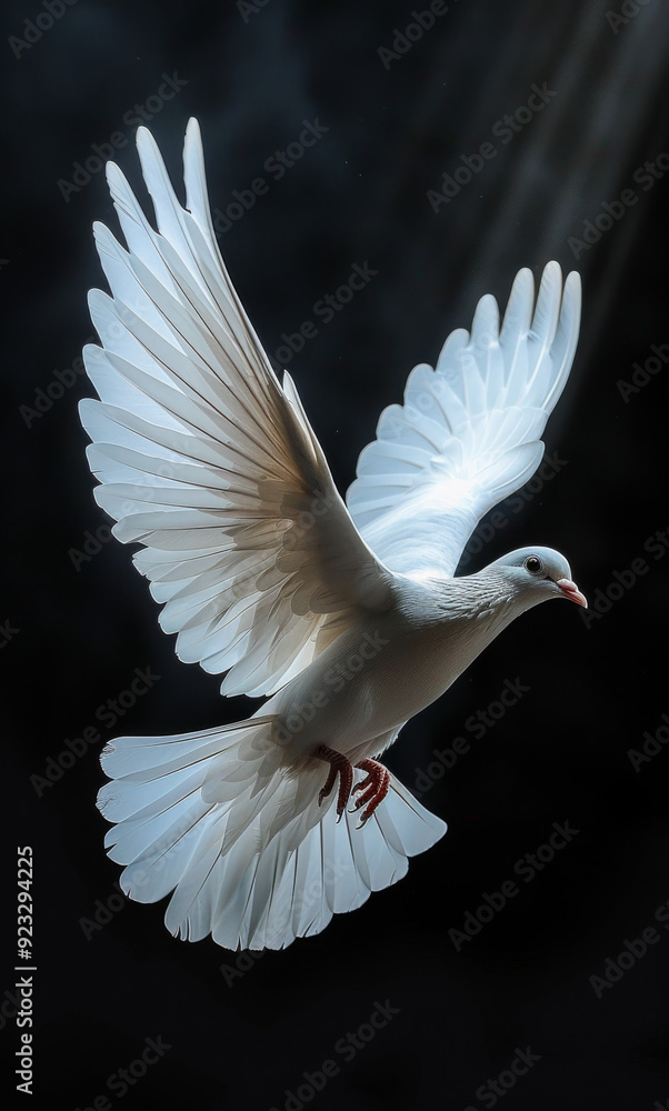 Obraz premium A white dove is flying in the air. Concept of freedom and peace