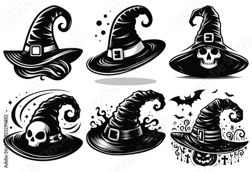Gothic witch hats vector illustration black and white Halloween decor and design elements