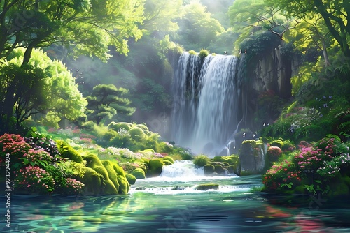 Serene Waterfall in Lush Forest with Vibrant Flowers