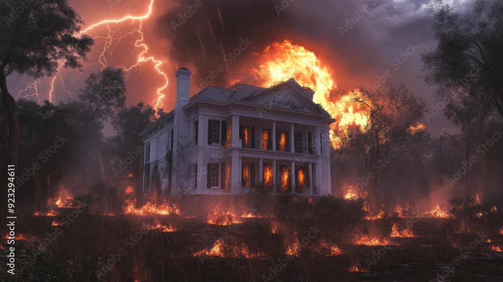 Stormy Night with Burning Mansion and Trees Stormy Night with Burning Mansion and Trees