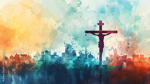 Silhouette of jesus christ on the cross above a city skyline, representing faith, hope, and salvation