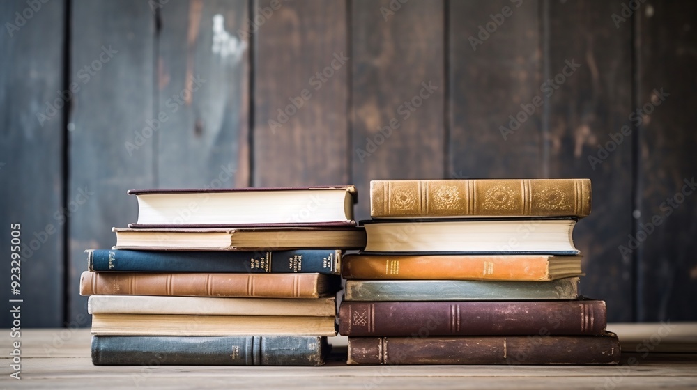 A stack of antique books rests on a rustic wooden table against a dark vintage wall, offering a glimpse into timeless wisdom A stack of antique books rests on a rustic wooden table against a dark vintage wall, offering a glimpse into timeless wisdom