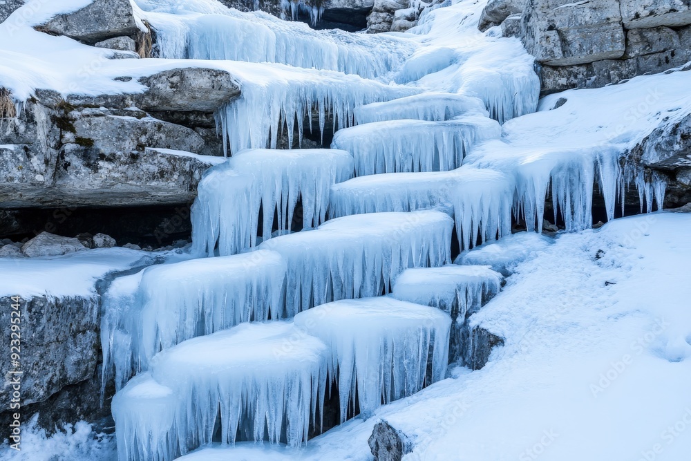 A scenic view of a natural frozen waterfall with multiple steps adorned by large dangling icicles creating a beautiful frozen landscape, captured in wintertime nature. A scenic view of a natural frozen waterfall with multiple steps adorned by large dangling icicles creating a beautiful frozen landscape, captured in wintertime nature.