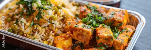 Vegetarian Lunch Box featuring Fried Rice and Paneer Butter Masala photo