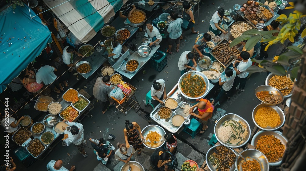 16 Crowded street with vendors selling fried rice bird's-eye view 16 Crowded street with vendors selling fried rice bird's-eye view