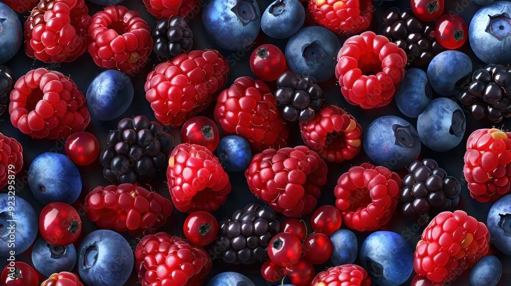 Seamless pattern of various berries, including strawberries, raspberries, and blueberries, against a dark background. Rich, vibrant design. Seamless pattern of various berries, including strawberries, raspberries, and blueberries, against a dark background. Rich, vibrant design.